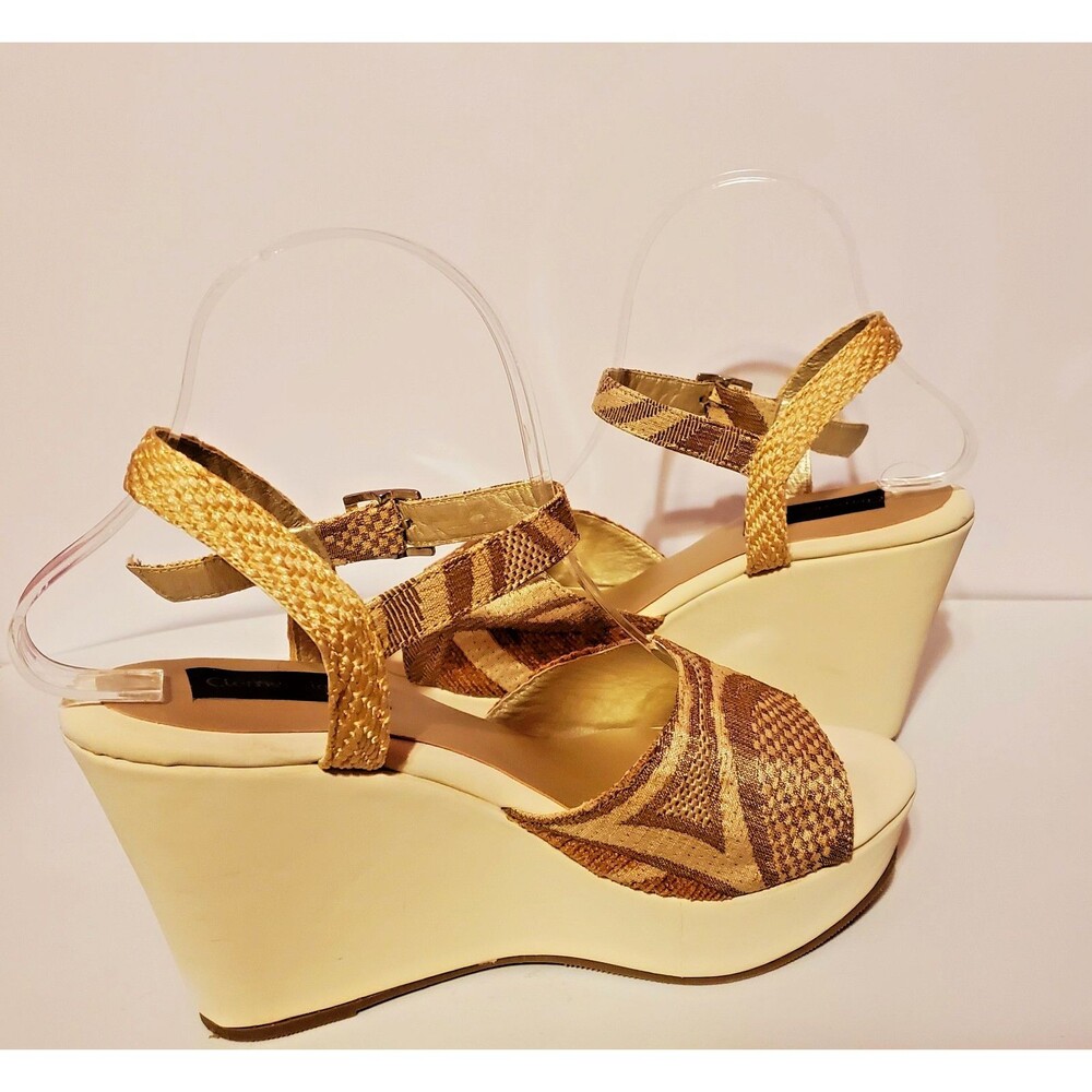Clemencia Grillo Platform Wedge Sandals Woven Gold Metallic Women's US Size 6.5